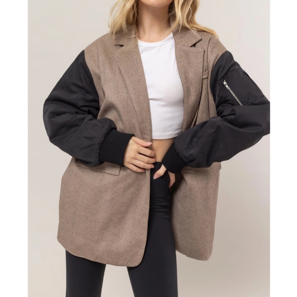 Two-Tone Brown & Black Mixed-Media Blazer Jacket